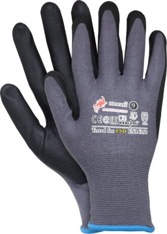 Máčené pracovní rukavice antistatické DRAGON™ BLACKFOAM ESD